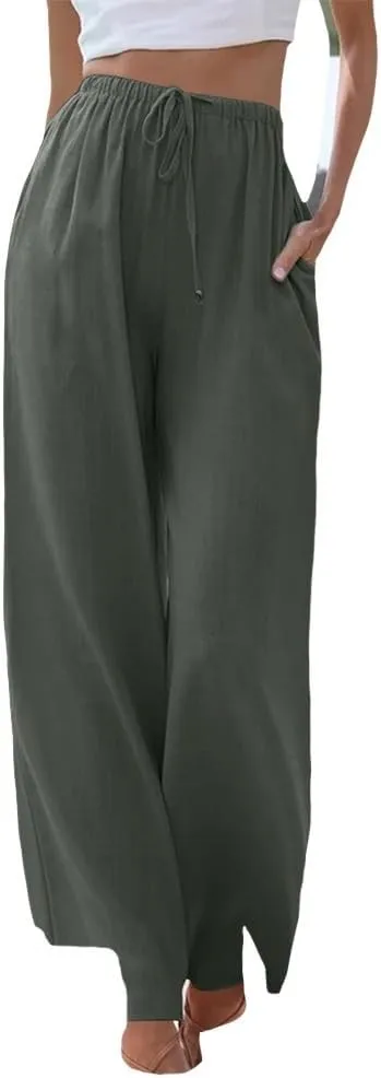 MARSVOVO Trendy Summer Pants for Women High Waisted Casual Straight Wide Leg Pants Comfy Fitted Summer Trousers with Pockets