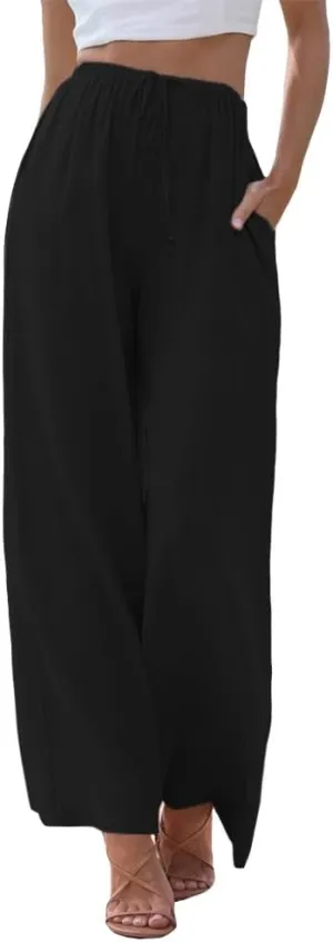 MARSVOVO Trendy Summer Pants for Women High Waisted Casual Straight Wide Leg Pants Comfy Fitted Summer Trousers with Pockets
