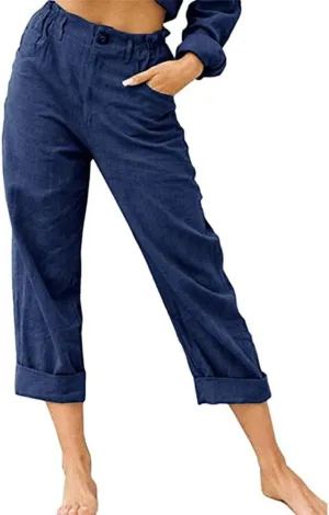 MARSVOVO Women's Cotton Linen Casual Wide Leg Cropped Pants Elastic High Waisted Comfy Fitted Summer Beach Pant with Pockets