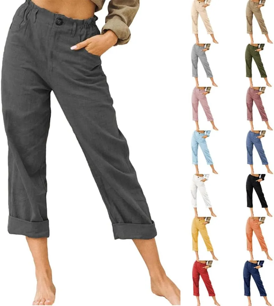 MARSVOVO Women's Cotton Linen Casual Wide Leg Cropped Pants Elastic High Waisted Comfy Fitted Summer Beach Pant with Pockets