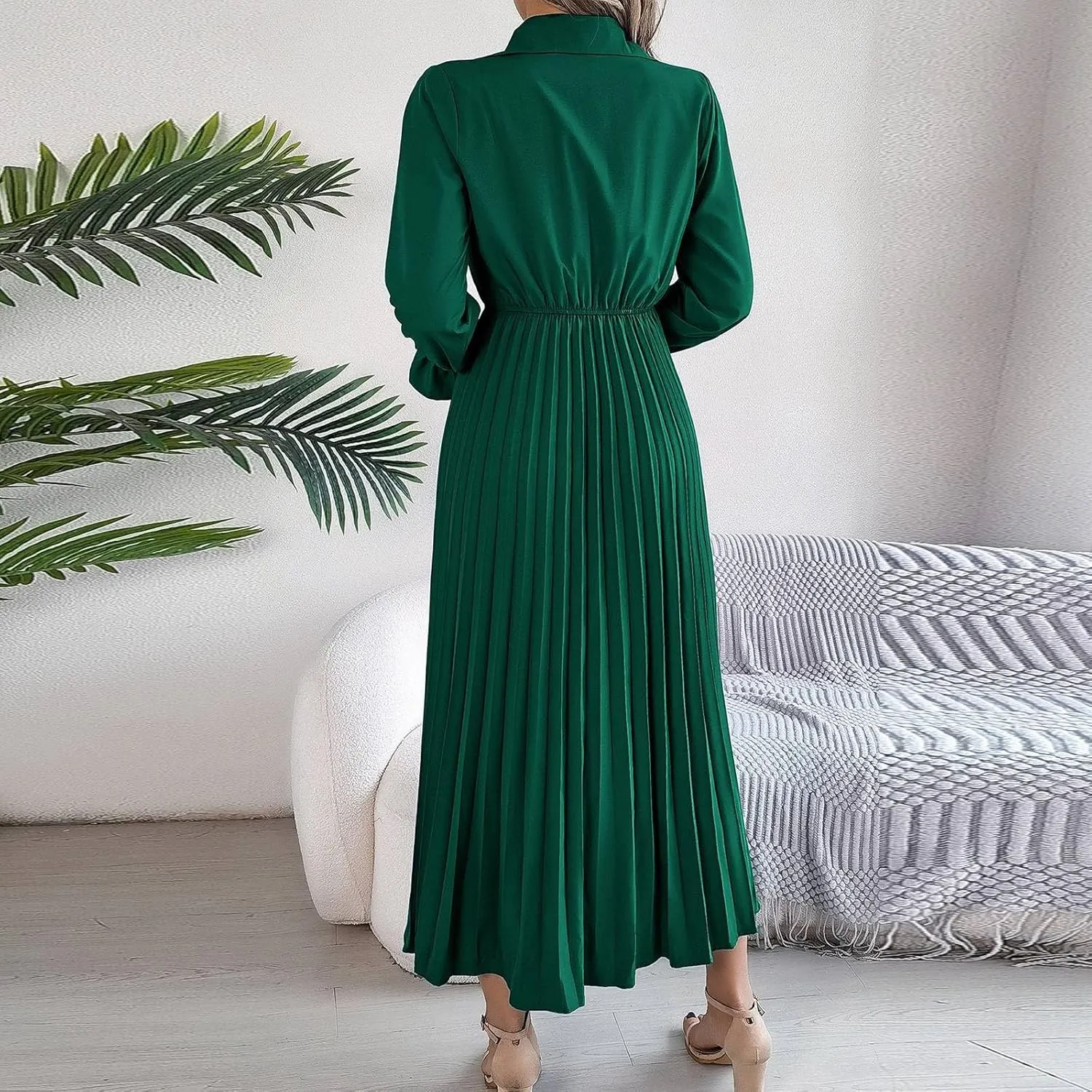 Maxi Dresses for Women 2024 Long Sleeve Pleated Dress Retro Casual Dresses Work Fitted Cute A-Line Trendy Clothing