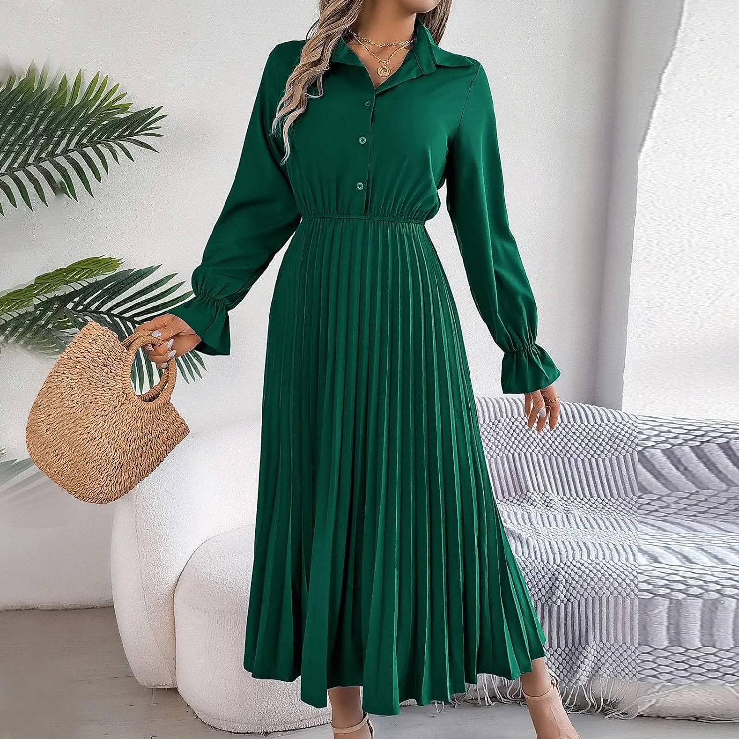 Maxi Dresses for Women 2024 Long Sleeve Pleated Dress Retro Casual Dresses Work Fitted Cute A-Line Trendy Clothing