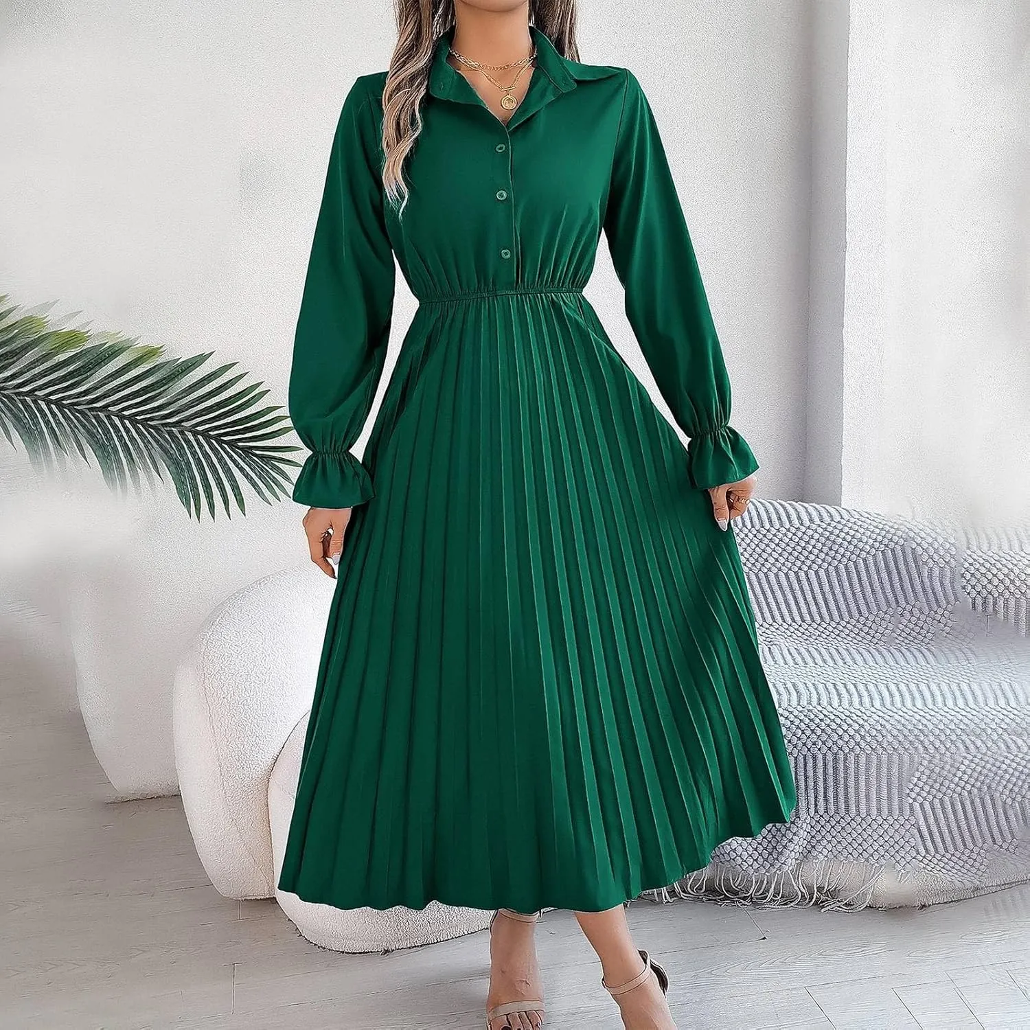 Maxi Dresses for Women 2024 Long Sleeve Pleated Dress Retro Casual Dresses Work Fitted Cute A-Line Trendy Clothing