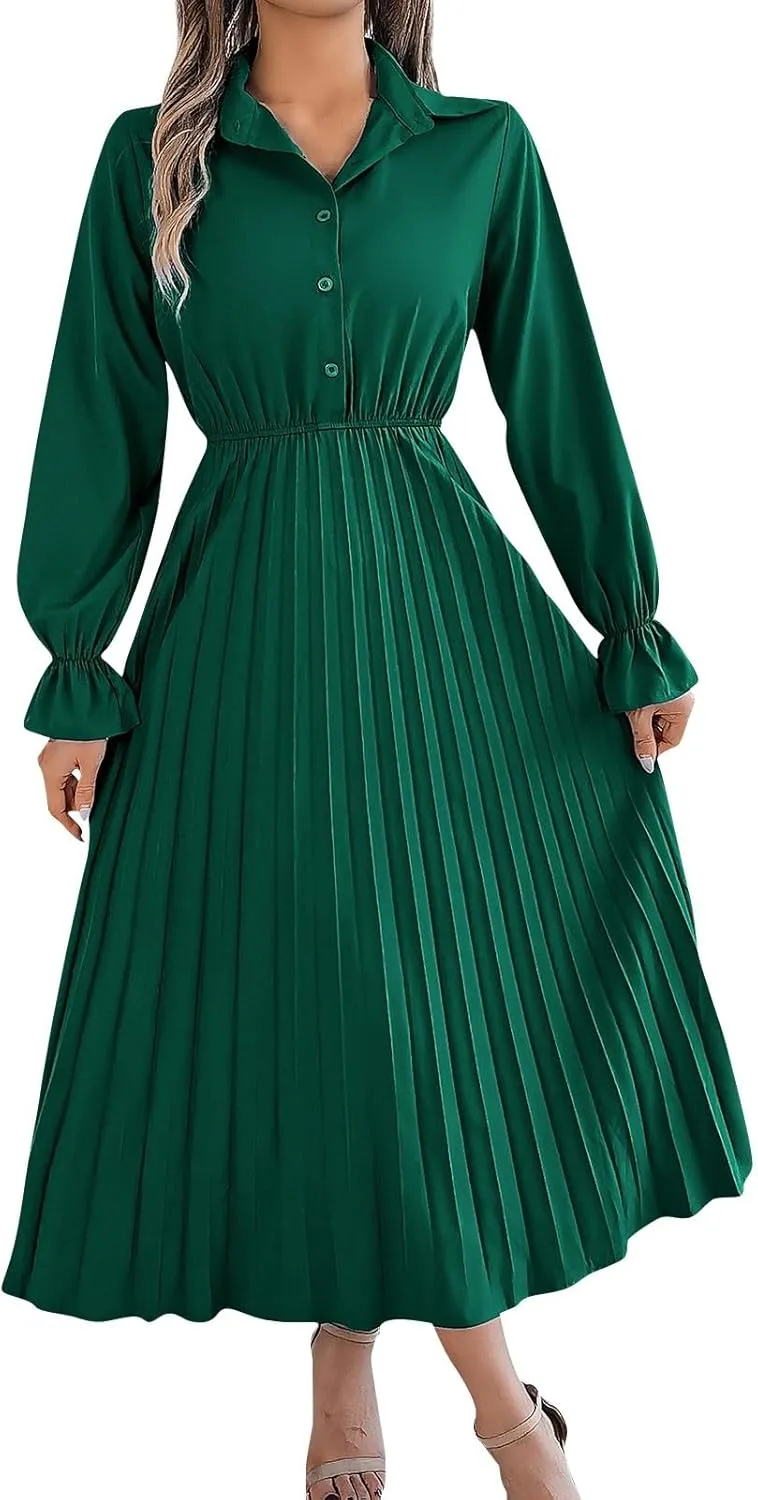 Maxi Dresses for Women 2024 Long Sleeve Pleated Dress Retro Casual Dresses Work Fitted Cute A-Line Trendy Clothing