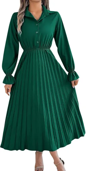 Maxi Dresses for Women 2024 Long Sleeve Pleated Dress Retro Casual Dresses Work Fitted Cute A-Line Trendy Clothing