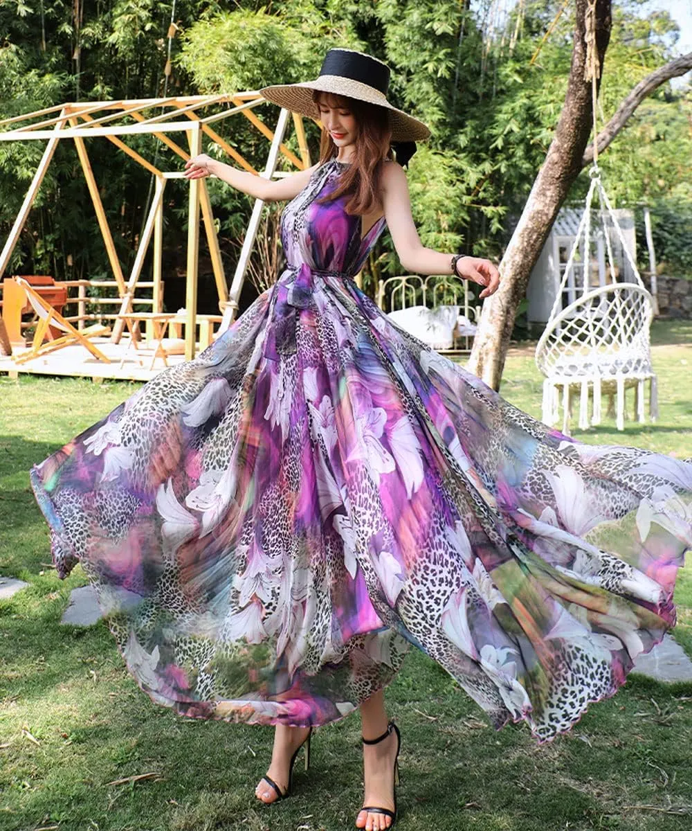 MedeShe Women's Chiffon Floral Holiday Beach Bridesmaid Maxi Dress Sundress