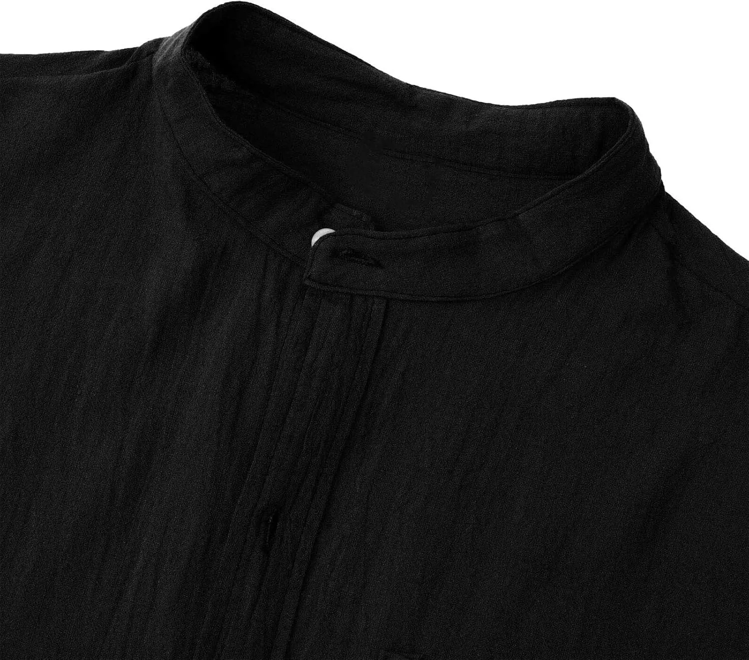 Men Linen Shirt Casual Band Collar Solid Color Long Sleeve Cardigan with Pocket Comfy Slim Fit Casual Summer Tees