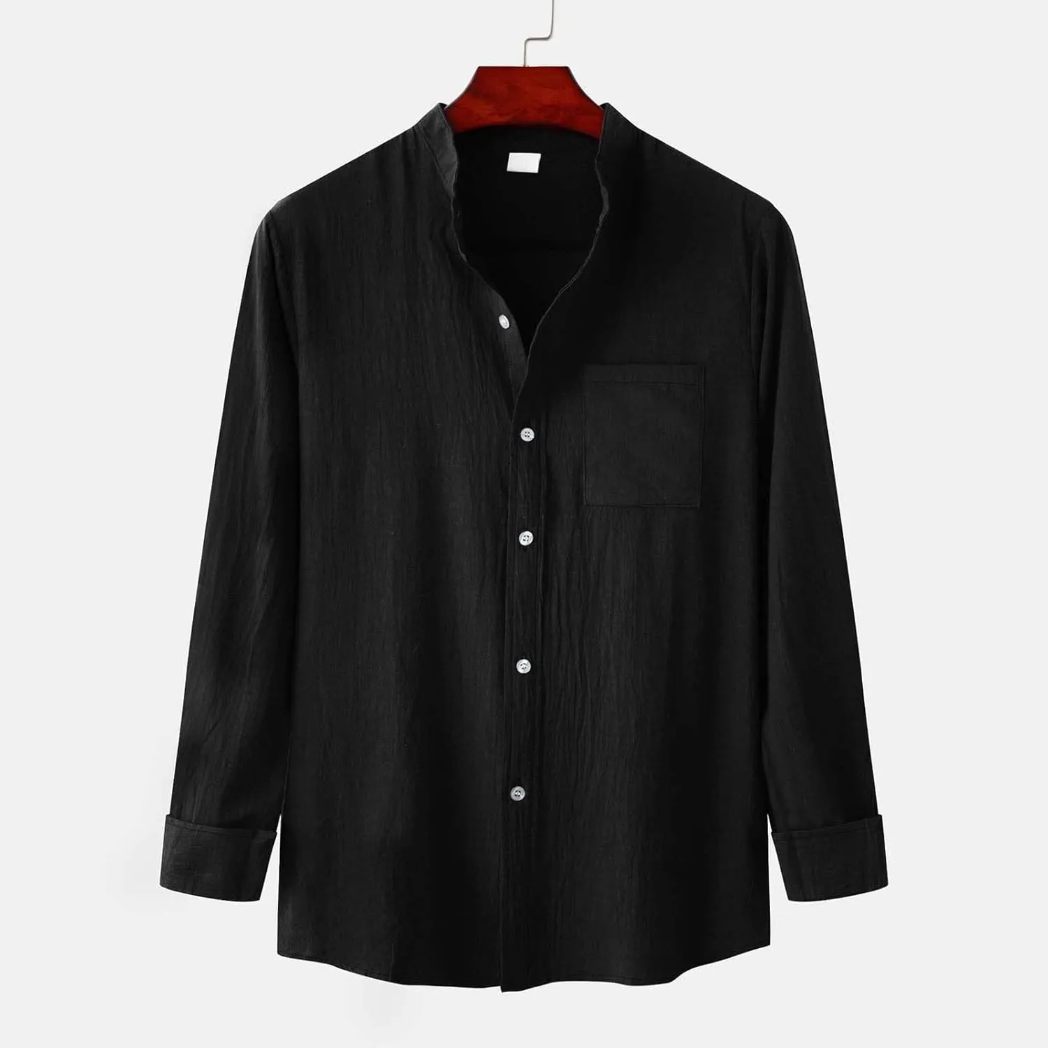 Men Linen Shirt Casual Band Collar Solid Color Long Sleeve Cardigan with Pocket Comfy Slim Fit Casual Summer Tees
