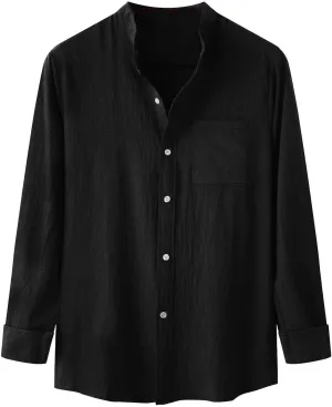 Men Linen Shirt Casual Band Collar Solid Color Long Sleeve Cardigan with Pocket Comfy Slim Fit Casual Summer Tees