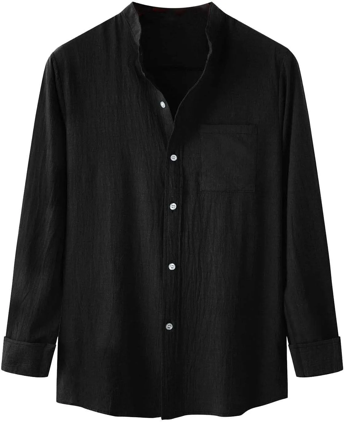 Men Linen Shirt Casual Band Collar Solid Color Long Sleeve Cardigan with Pocket Comfy Slim Fit Casual Summer Tees