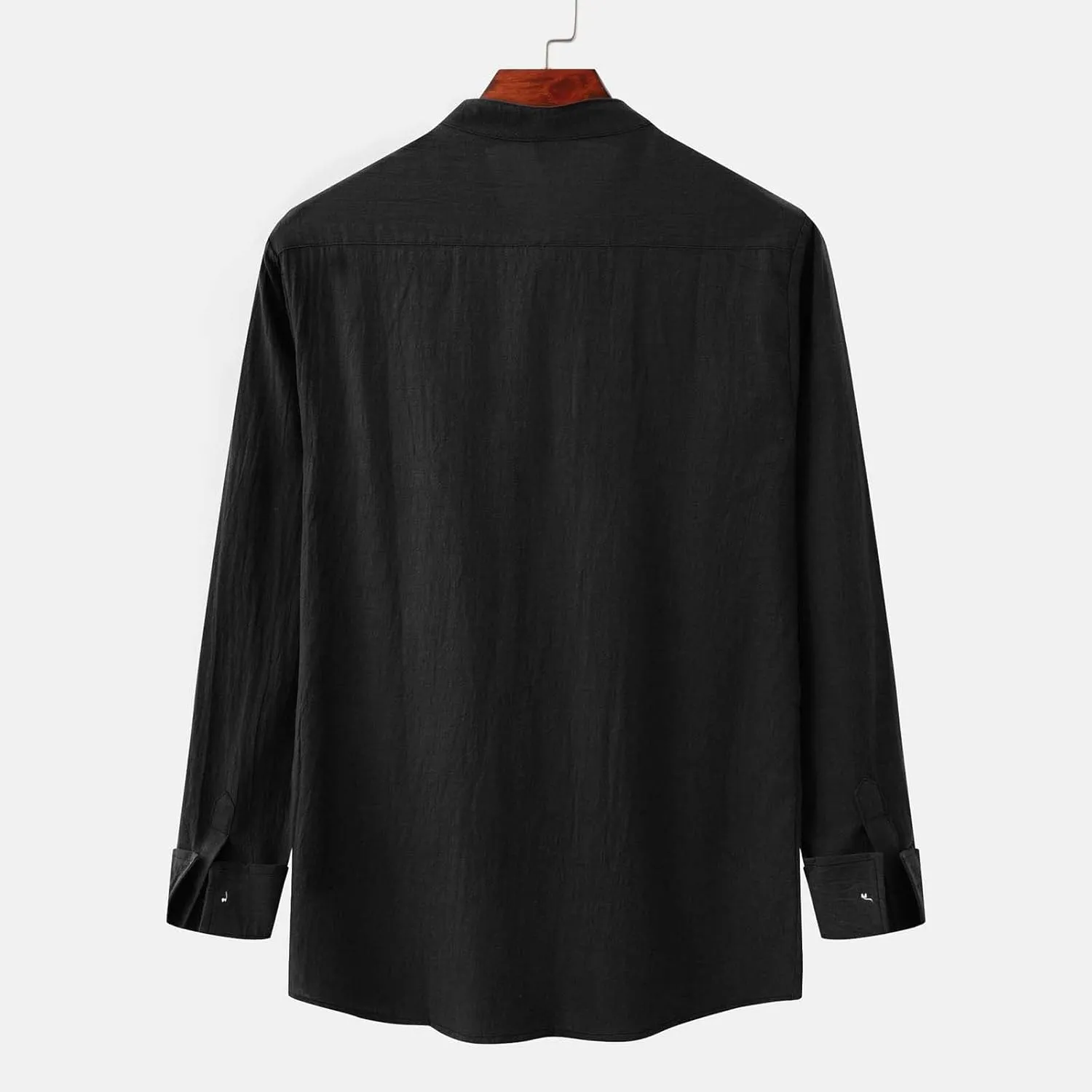 Men Linen Shirt Casual Band Collar Solid Color Long Sleeve Cardigan with Pocket Comfy Slim Fit Casual Summer Tees