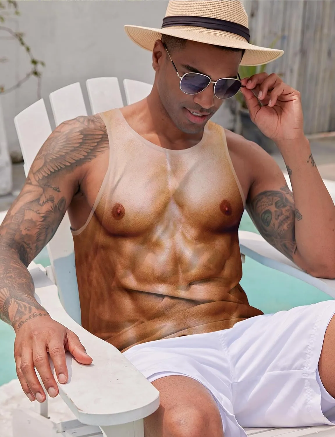Mens 3D Fake Abs Tank Top Breathable Quick Dry Sleeveless Beach Shirt