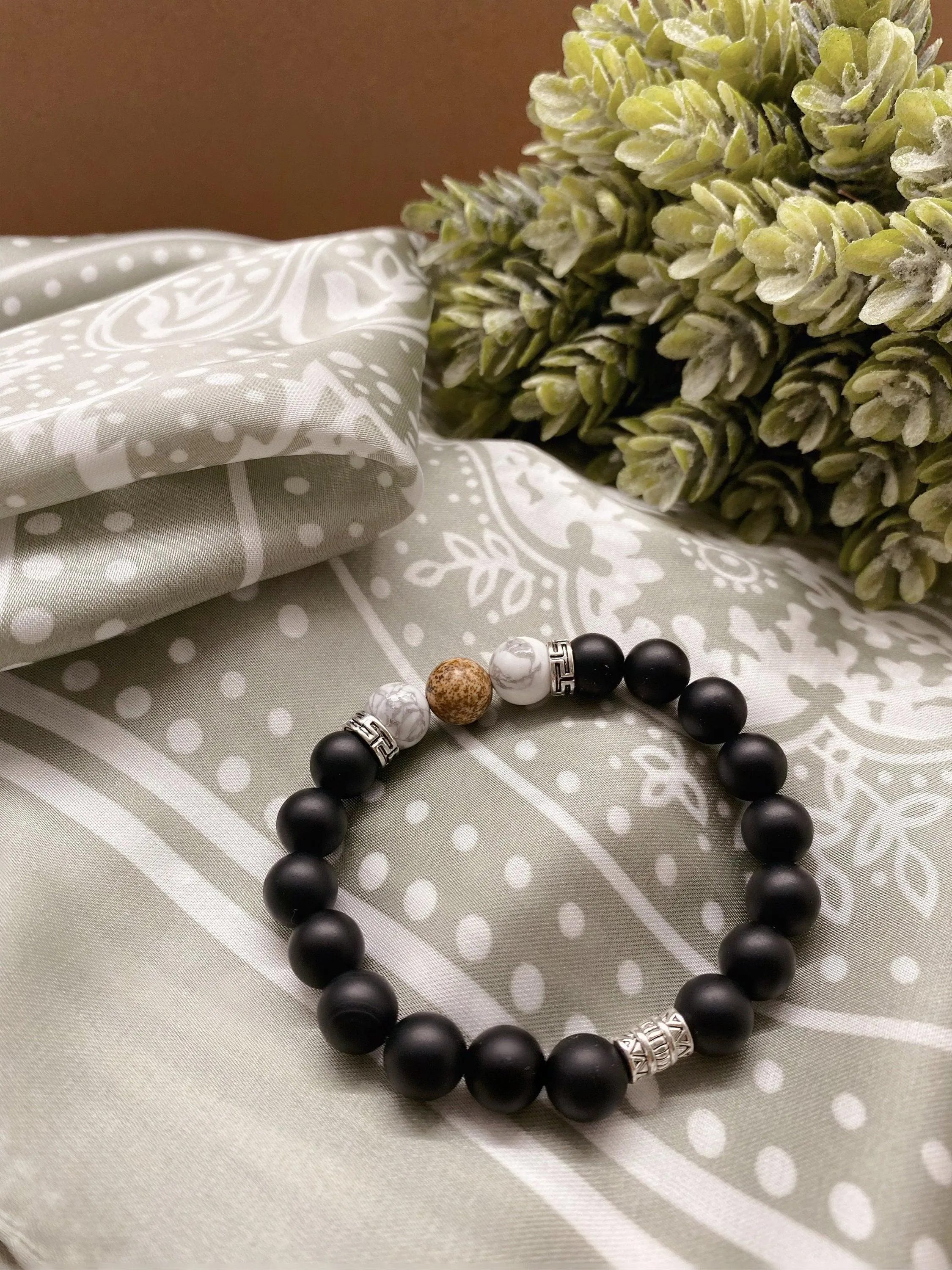 Men's Black Onyx Bracelet w/ Howlite & Picture Jasper