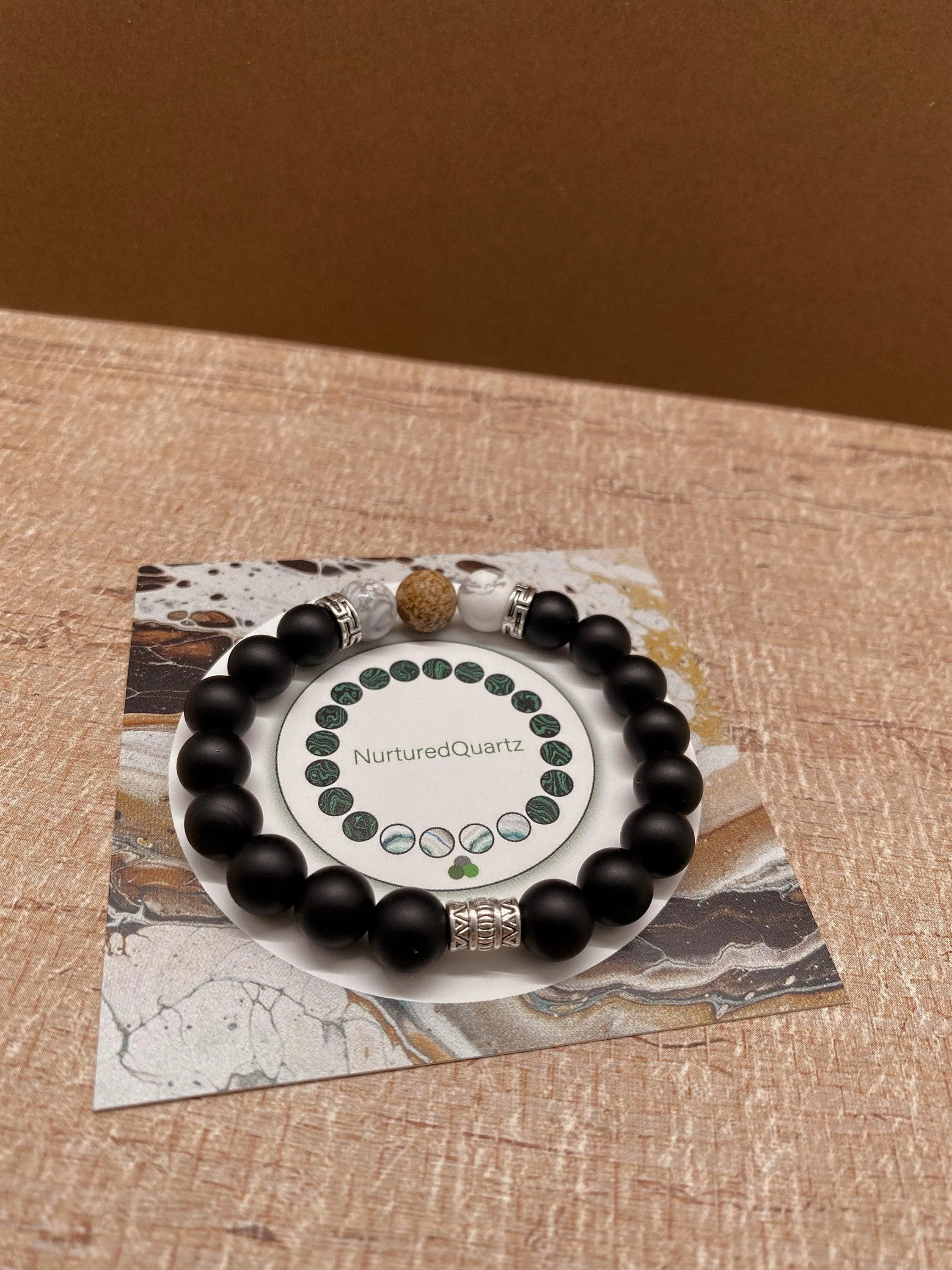 Men's Black Onyx Bracelet w/ Howlite & Picture Jasper