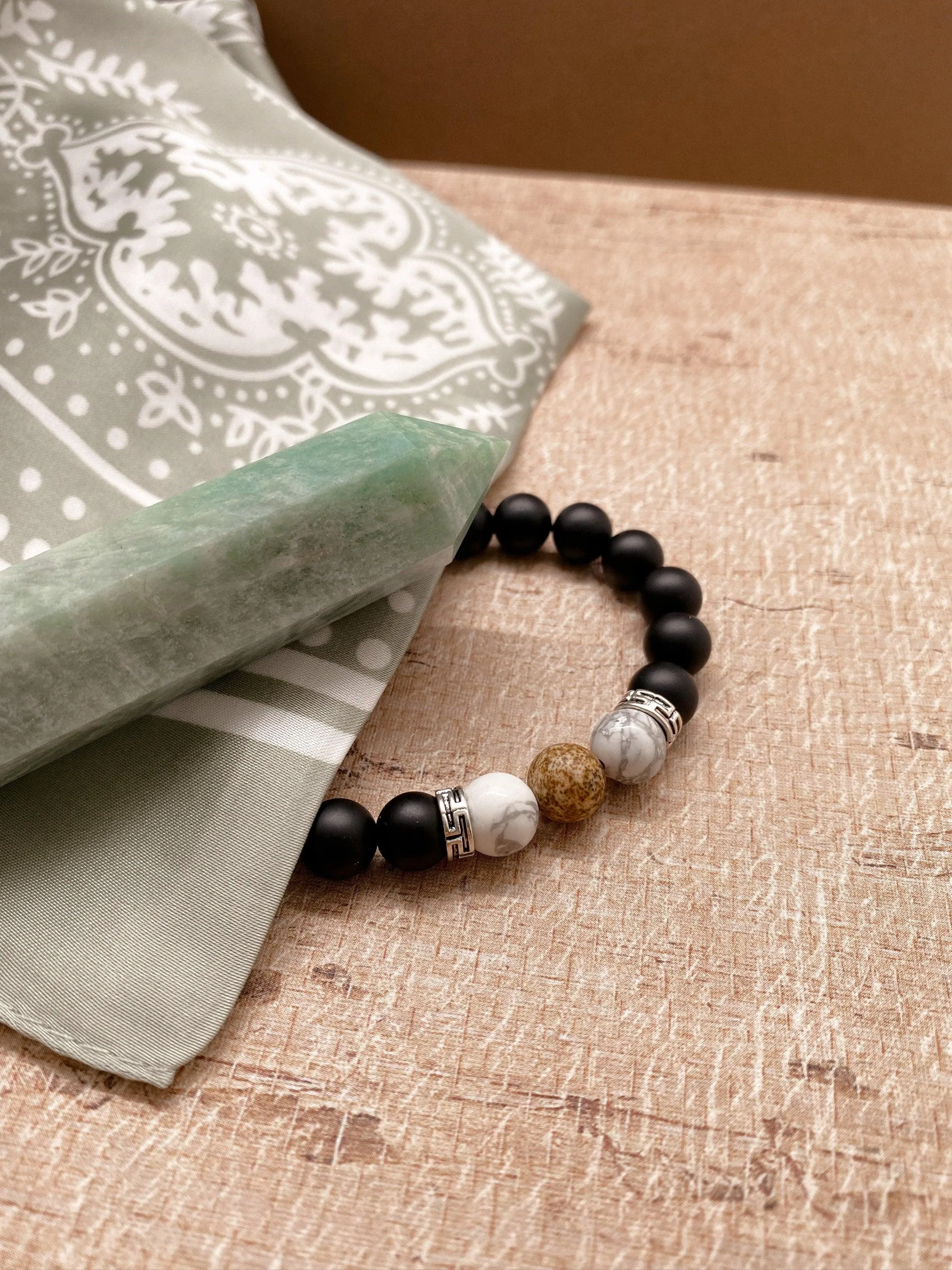 Men's Black Onyx Bracelet w/ Howlite & Picture Jasper