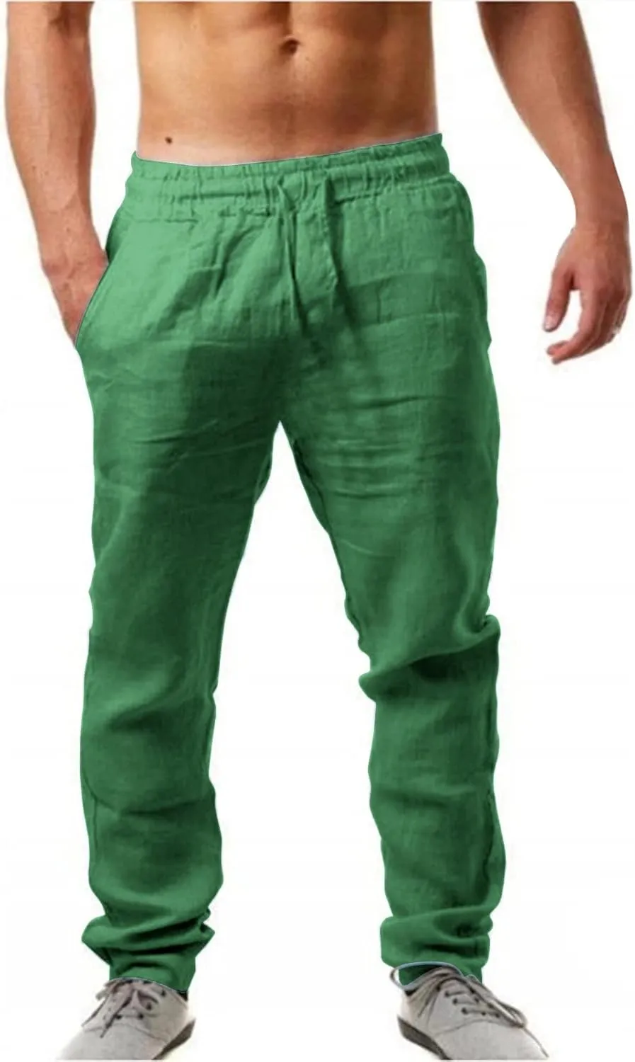 Mens Breathable Cotton Linen Casual Pants with Drawstrings Straight Leg Loose Fit Trousers for Men Solid Pleated Sweatpants