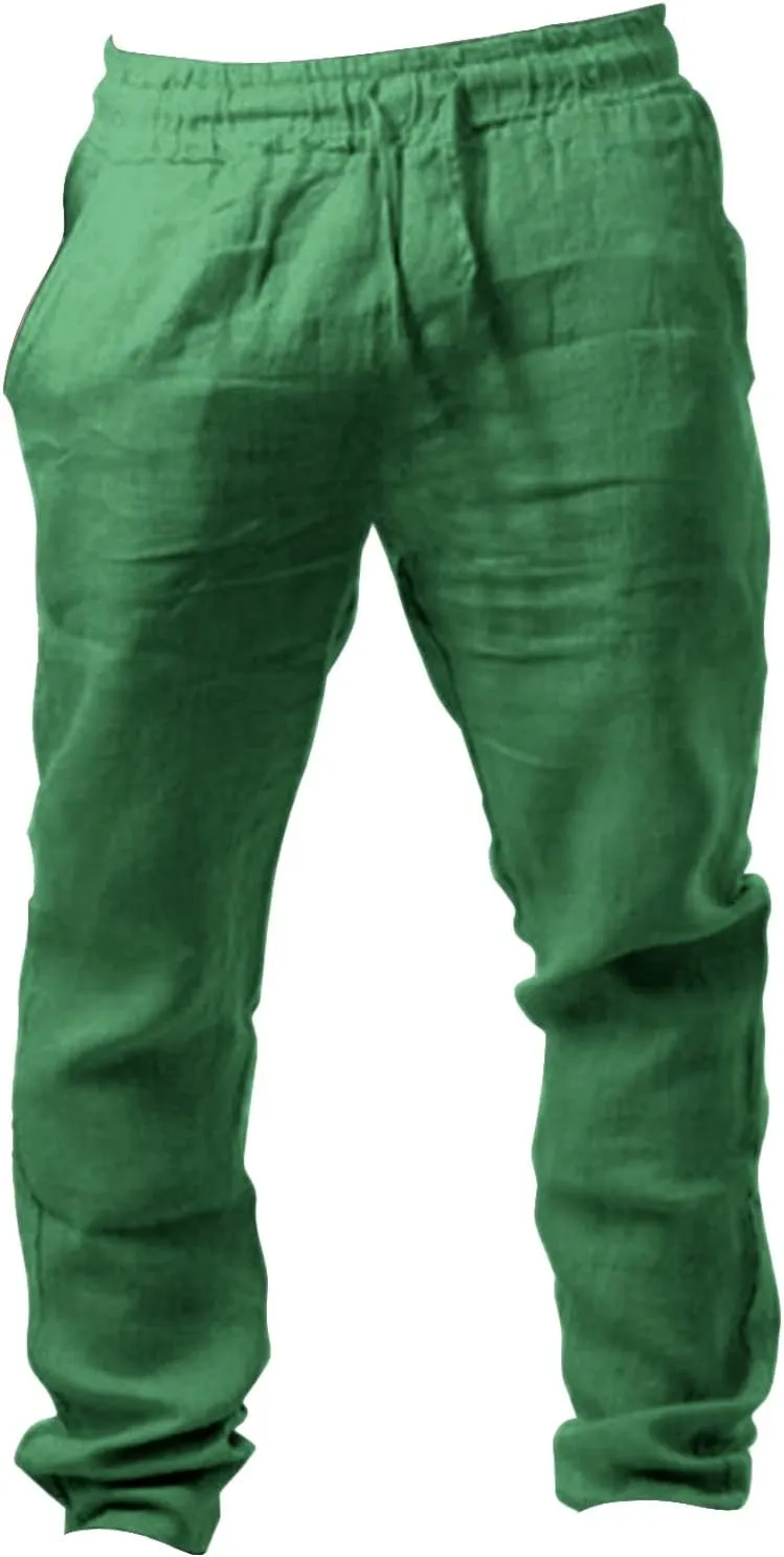 Mens Breathable Cotton Linen Casual Pants with Drawstrings Straight Leg Loose Fit Trousers for Men Solid Pleated Sweatpants
