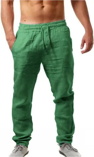 Mens Breathable Cotton Linen Casual Pants with Drawstrings Straight Leg Loose Fit Trousers for Men Solid Pleated Sweatpants