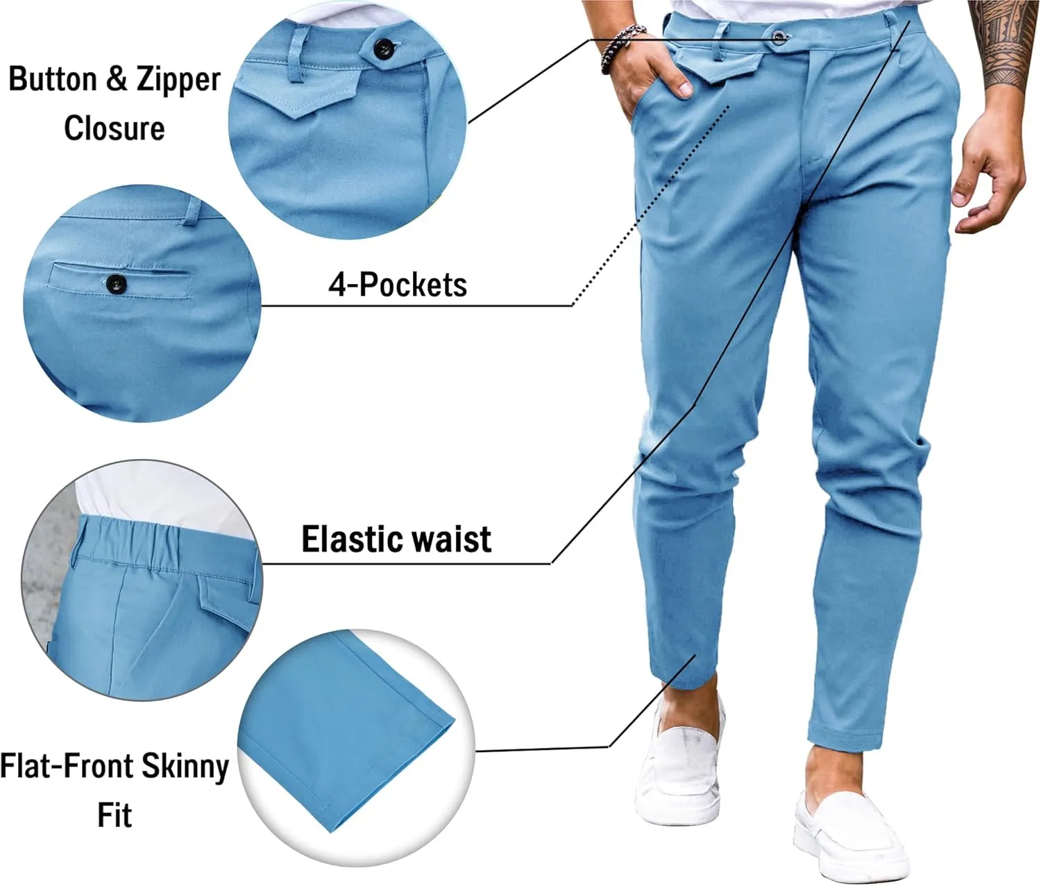 Mens Chinos Slim Fit Pants Flat Front Stretch Skinny Tapered Dress Pants Comfort Casual Solid Trousers