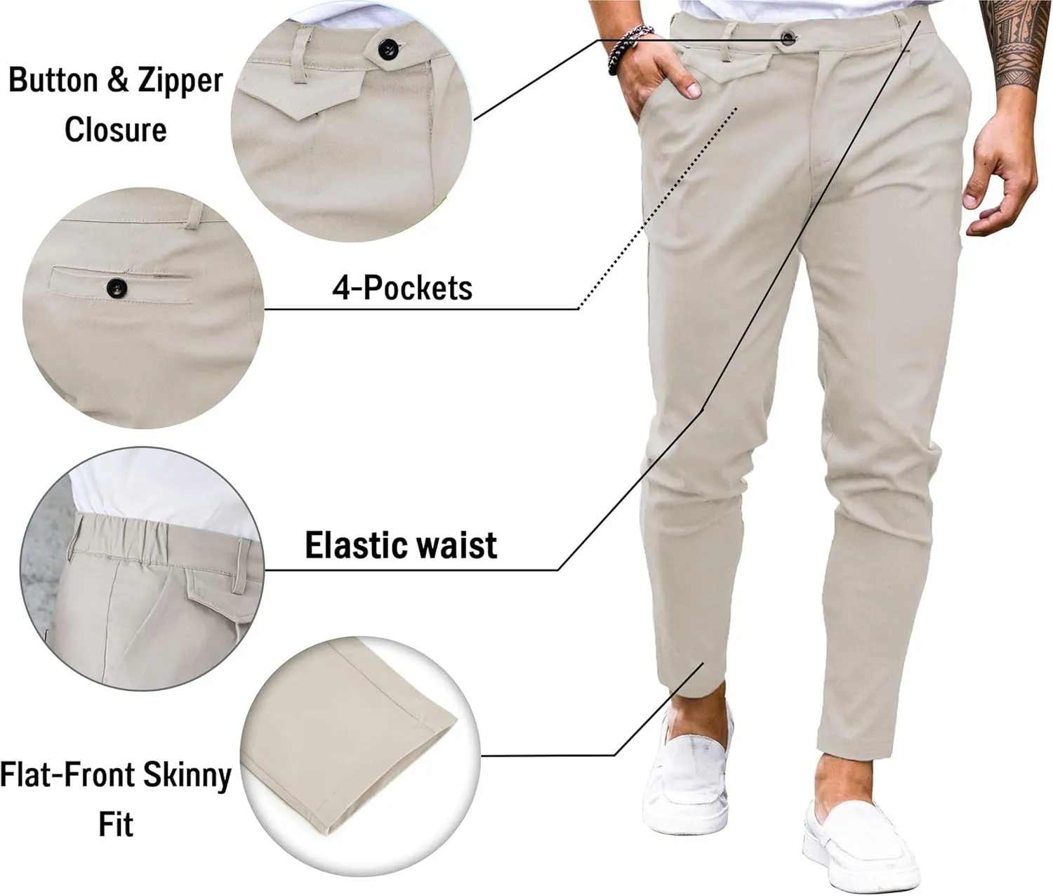 Mens Chinos Slim Fit Pants Flat Front Stretch Skinny Tapered Dress Pants Comfort Casual Solid Trousers