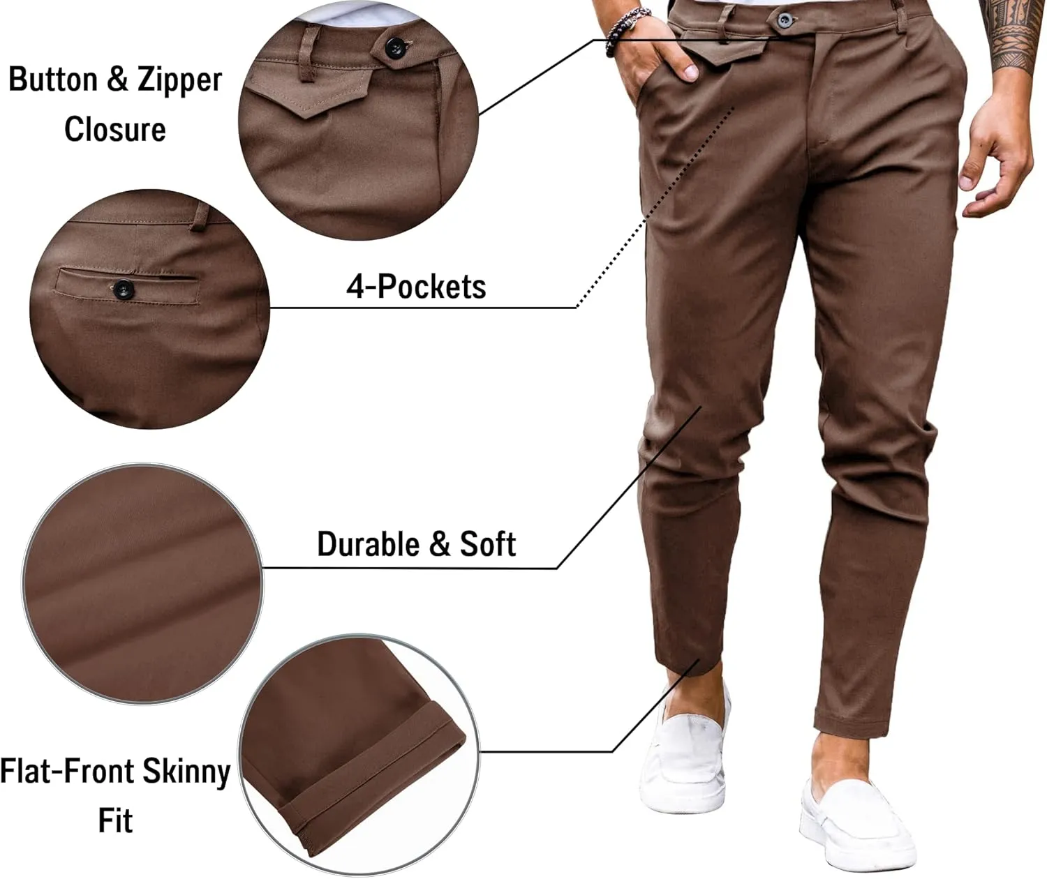Mens Chinos Slim Fit Pants Flat Front Stretch Skinny Tapered Dress Pants Comfort Casual Solid Trousers