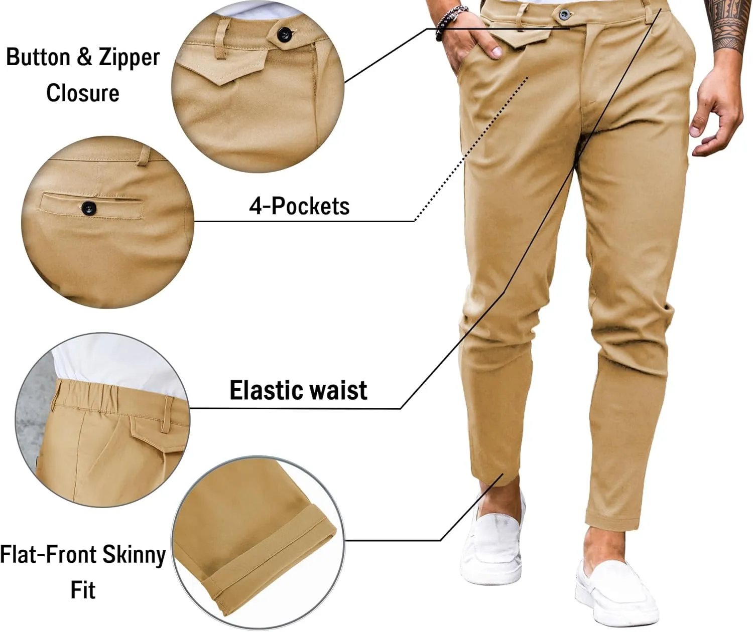 Mens Chinos Slim Fit Pants Flat Front Stretch Skinny Tapered Dress Pants Comfort Casual Solid Trousers