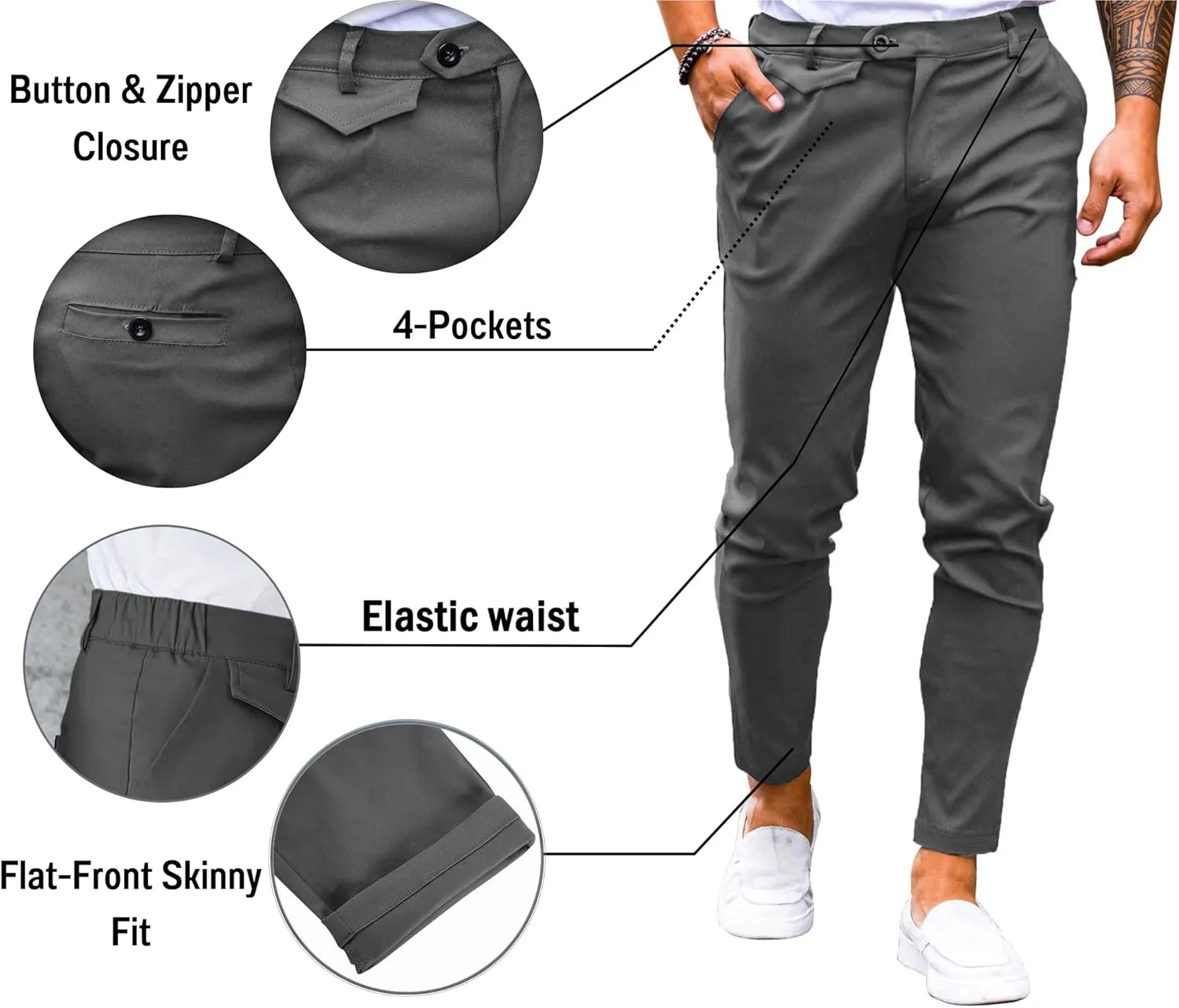 Mens Chinos Slim Fit Pants Flat Front Stretch Skinny Tapered Dress Pants Comfort Casual Solid Trousers