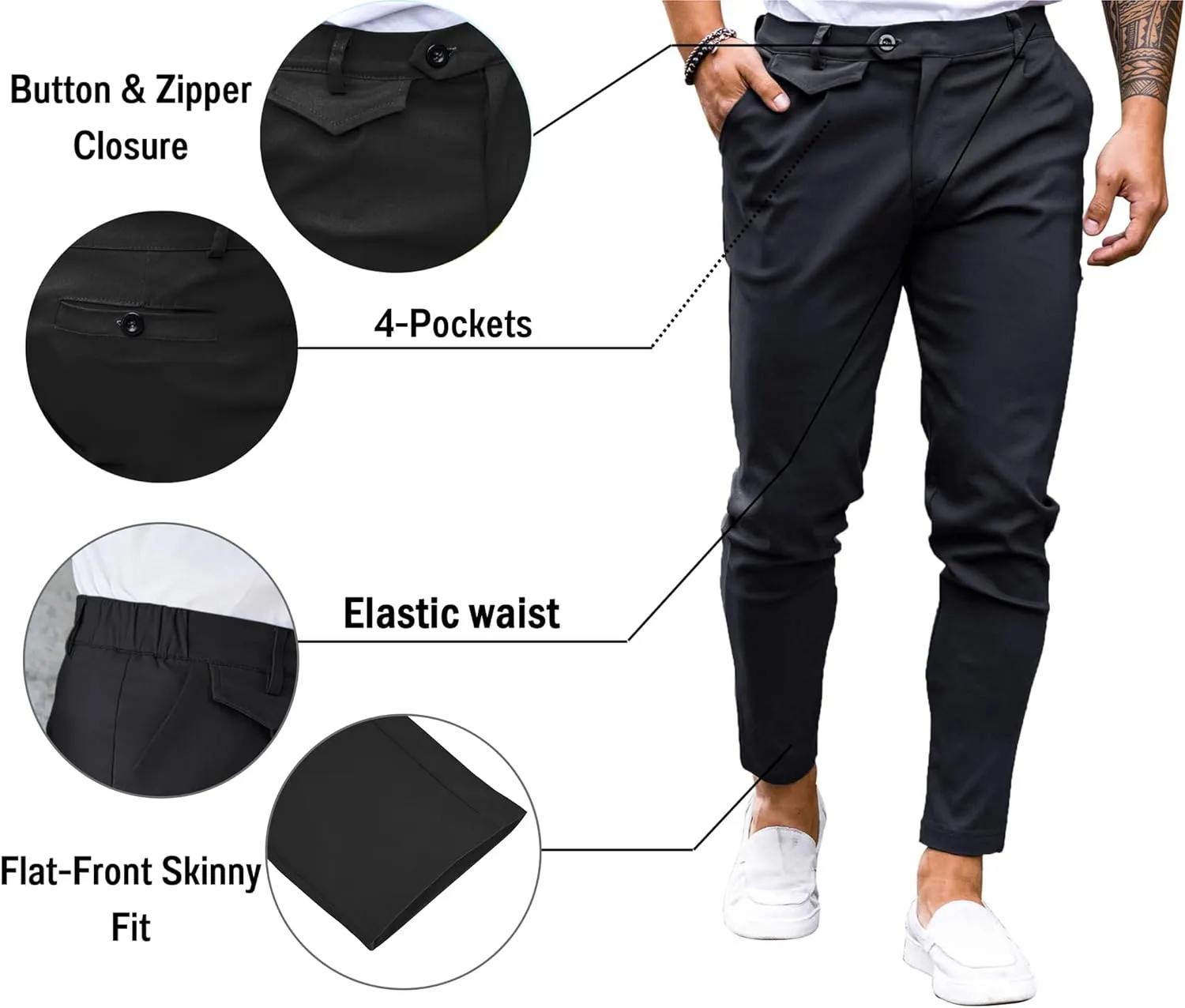 Mens Chinos Slim Fit Pants Flat Front Stretch Skinny Tapered Dress Pants Comfort Casual Solid Trousers