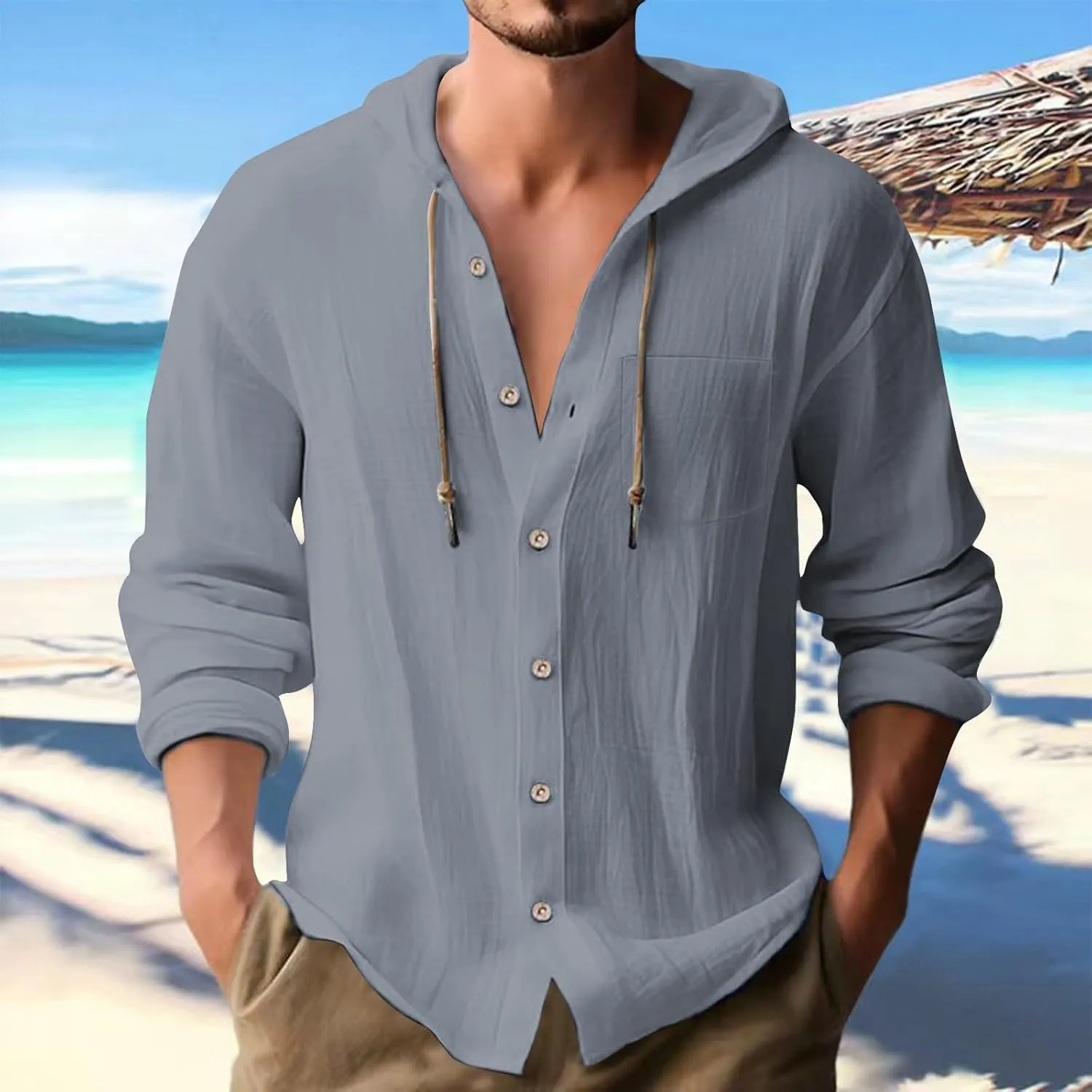 Men's Cotton And Linen Hoodies Casual Button Down Long Roll-Up Sleeve Shirt Summer Beach Hippie T Shirt With Hood