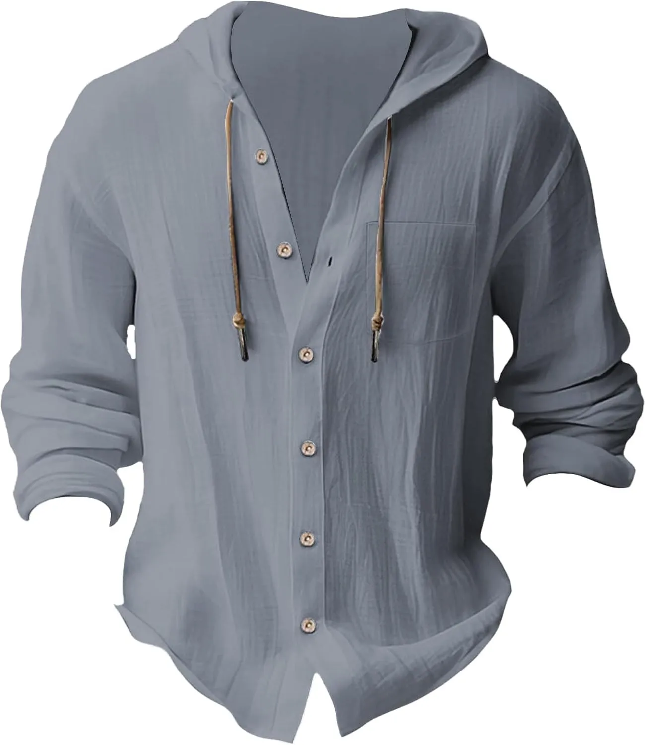 Men's Cotton And Linen Hoodies Casual Button Down Long Roll-Up Sleeve Shirt Summer Beach Hippie T Shirt With Hood