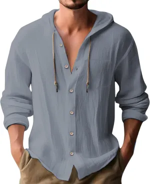 Men's Cotton And Linen Hoodies Casual Button Down Long Roll-Up Sleeve Shirt Summer Beach Hippie T Shirt With Hood