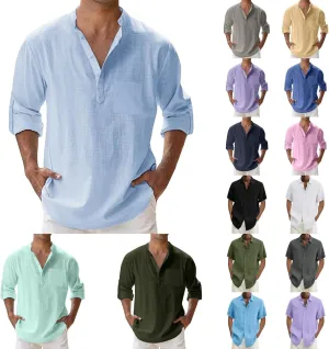 Mens Cotton Linen Shirt Henley T-Shirts Casual Button Beach Summer Short Business Dress Top Solid Lapel Tee Shirt