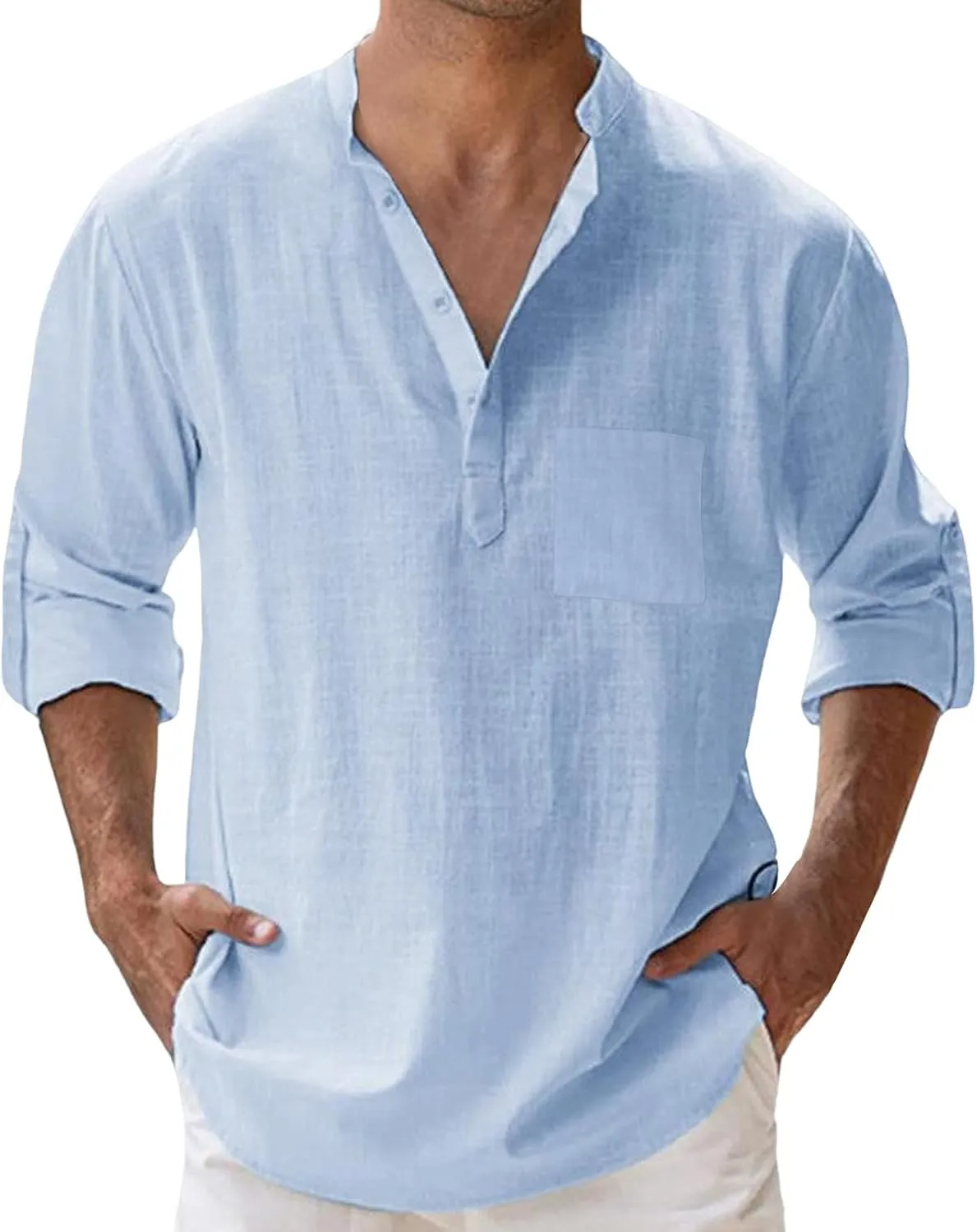 Mens Cotton Linen Shirt Henley T-Shirts Casual Button Beach Summer Short Business Dress Top Solid Lapel Tee Shirt