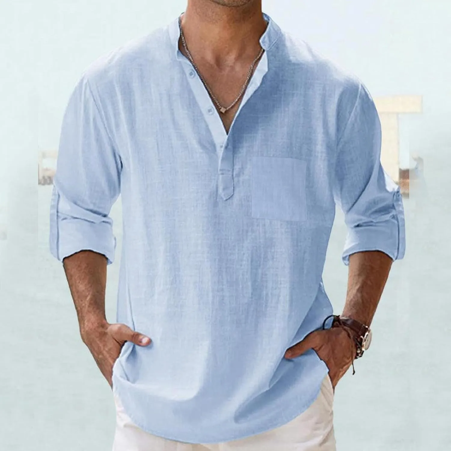 Mens Cotton Linen Shirt Henley T-Shirts Casual Button Beach Summer Short Business Dress Top Solid Lapel Tee Shirt