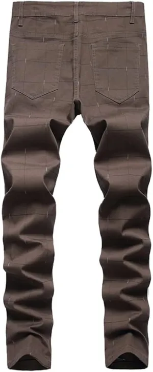 Men's Dress Plaid Slim Fit Flat Front Business Chinos Pants with Pockets RY02