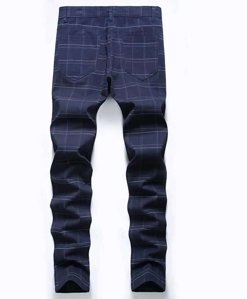 Men's Dress Plaid Slim Fit Flat Front Business Chinos Pants with Pockets RY02