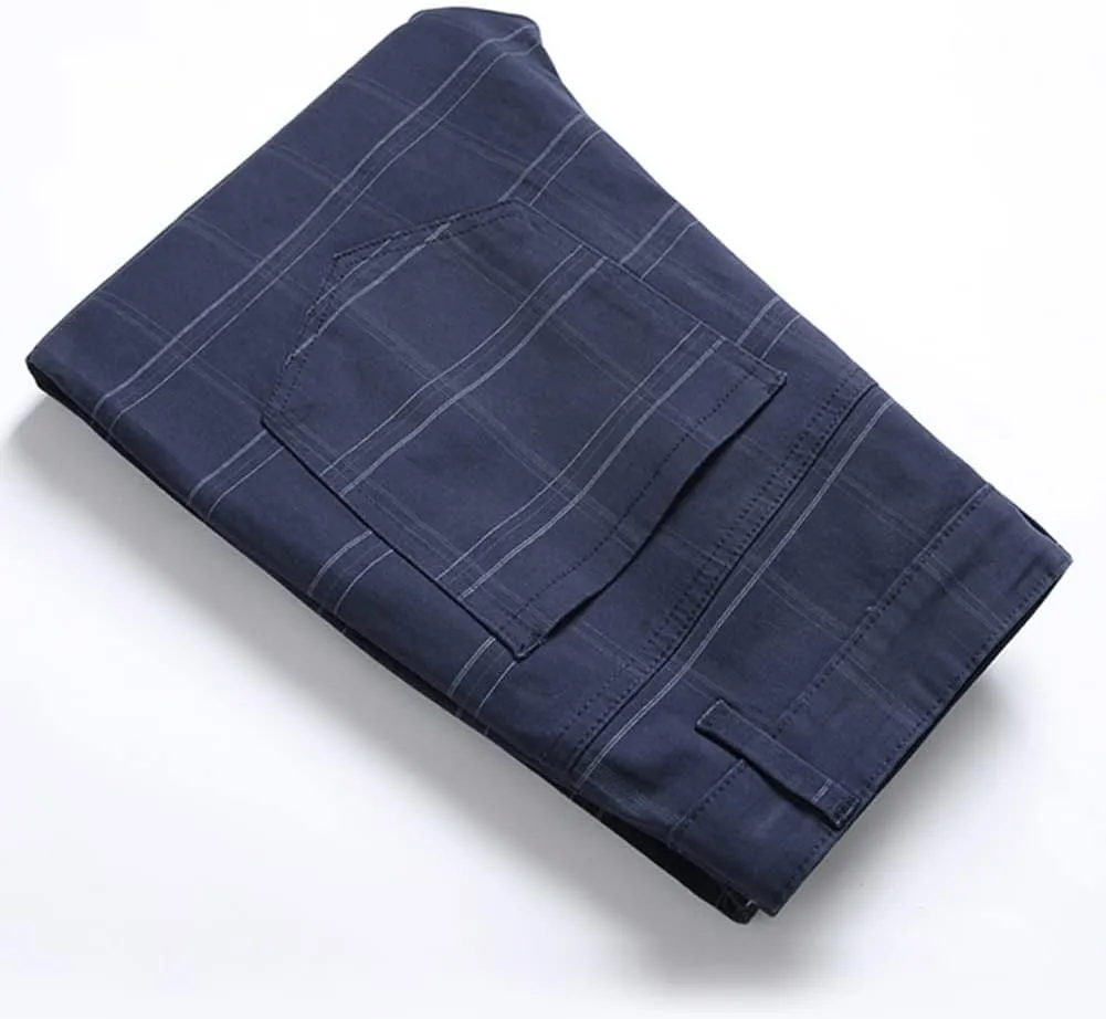Men's Dress Plaid Slim Fit Flat Front Business Chinos Pants with Pockets RY02