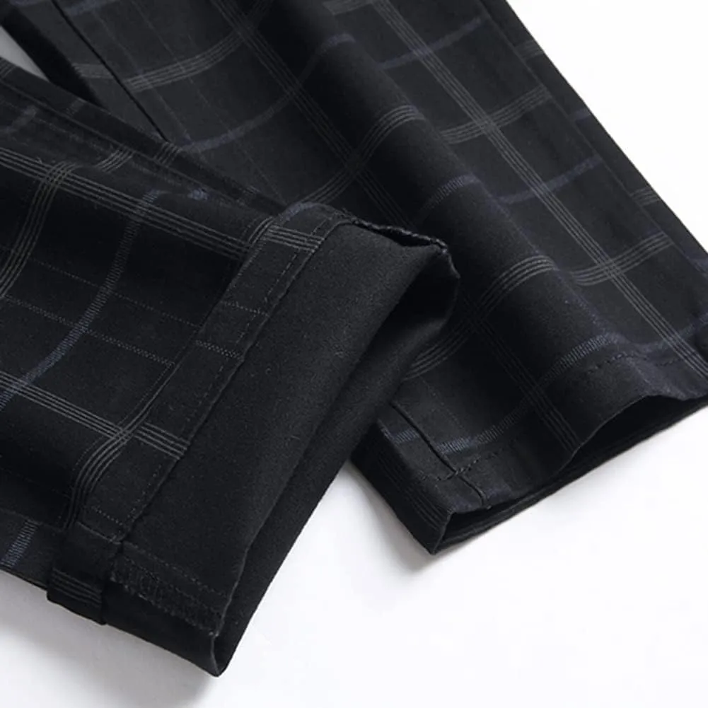 Men's Dress Plaid Slim Fit Flat Front Business Chinos Pants with Pockets RY02
