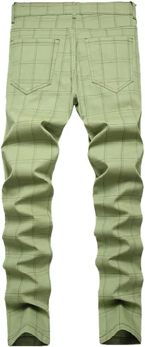 Men's Dress Plaid Slim Fit Flat Front Business Chinos Pants with Pockets RY02