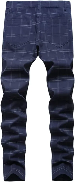 Men's Dress Plaid Slim Fit Flat Front Business Chinos Pants with Pockets RY02