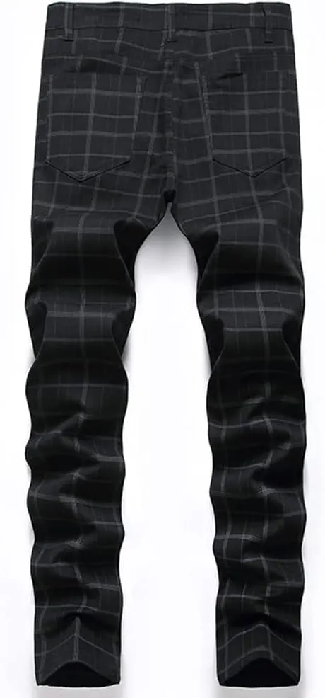 Men's Dress Plaid Slim Fit Flat Front Business Chinos Pants with Pockets RY02