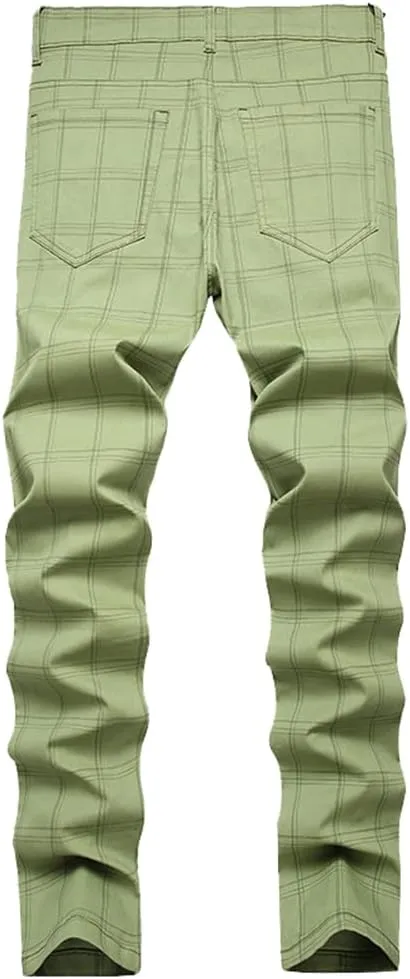 Men's Dress Plaid Slim Fit Flat Front Business Chinos Pants with Pockets RY02