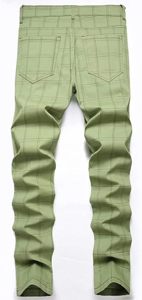 Men's Dress Plaid Slim Fit Flat Front Business Chinos Pants with Pockets RY02