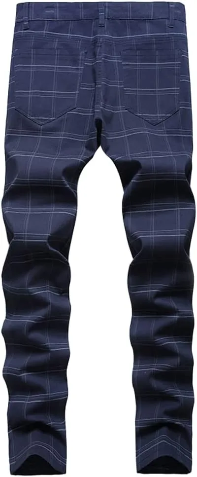 Men's Dress Plaid Slim Fit Flat Front Business Chinos Pants with Pockets RY02