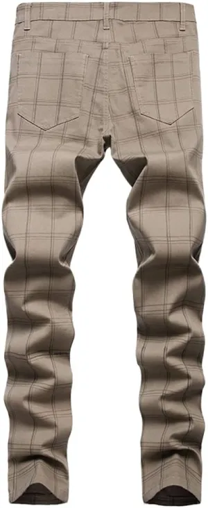 Men's Dress Plaid Slim Fit Flat Front Business Chinos Pants with Pockets RY02