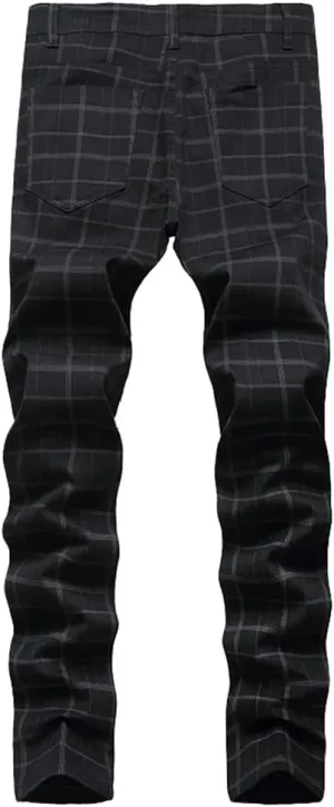 Men's Dress Plaid Slim Fit Flat Front Business Chinos Pants with Pockets RY02