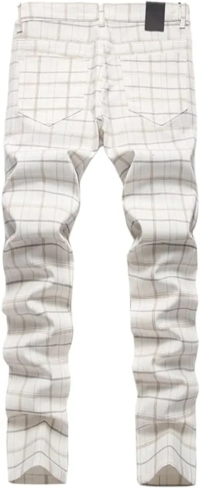Men's Dress Plaid Slim Fit Flat Front Business Chinos Pants with Pockets RY02