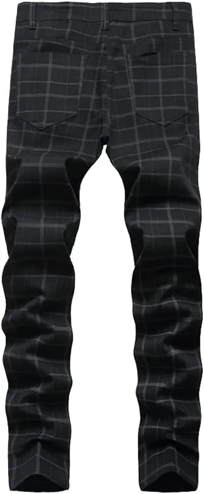 Men's Dress Plaid Slim Fit Flat Front Business Chinos Pants with Pockets RY02