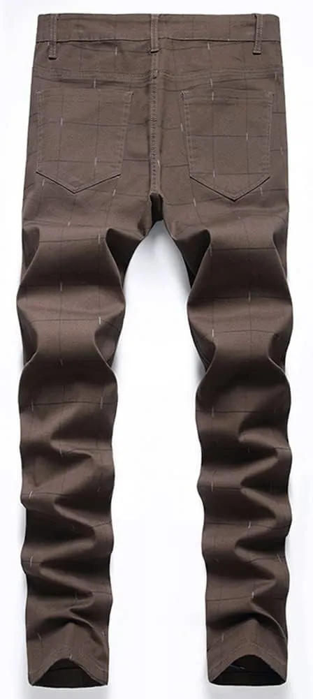 Men's Dress Plaid Slim Fit Flat Front Business Chinos Pants with Pockets RY02
