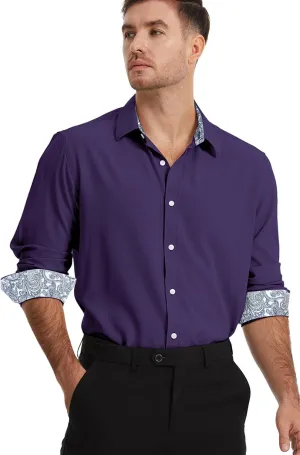 Men's Dress Shirts Long Sleeve Wrinkle-Free Button Down Shirt Men Inner Contrast Stretch Formal Shirts